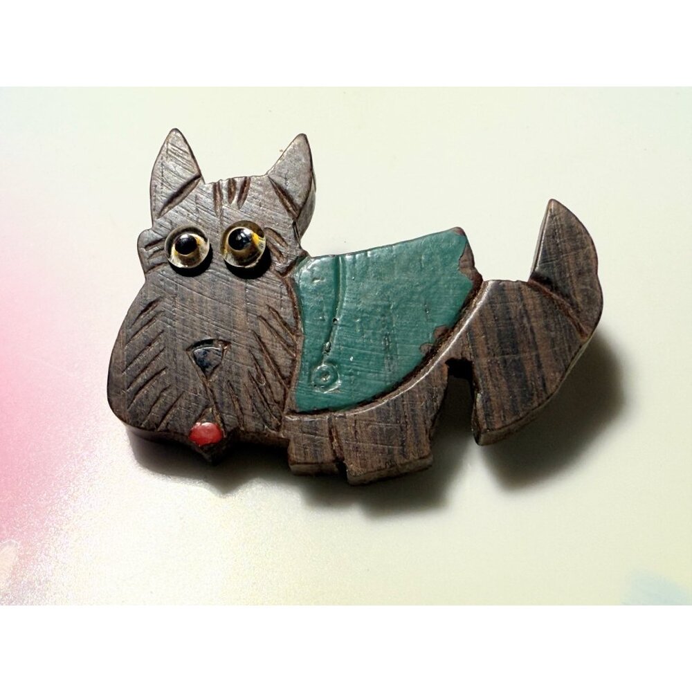 Art Deco 30's Carved Wood Scottie Dog Brooch Glass Eyes - Picture 5 of 6